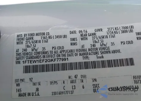 2016 Ford F150 Xlt from USA, damaged, VIN 1FTEW1EF2GKF77991